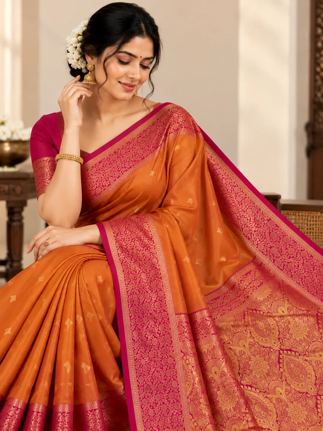 Shruti Salem Silk Saree - Orange with Pink Zari Border - Image 3