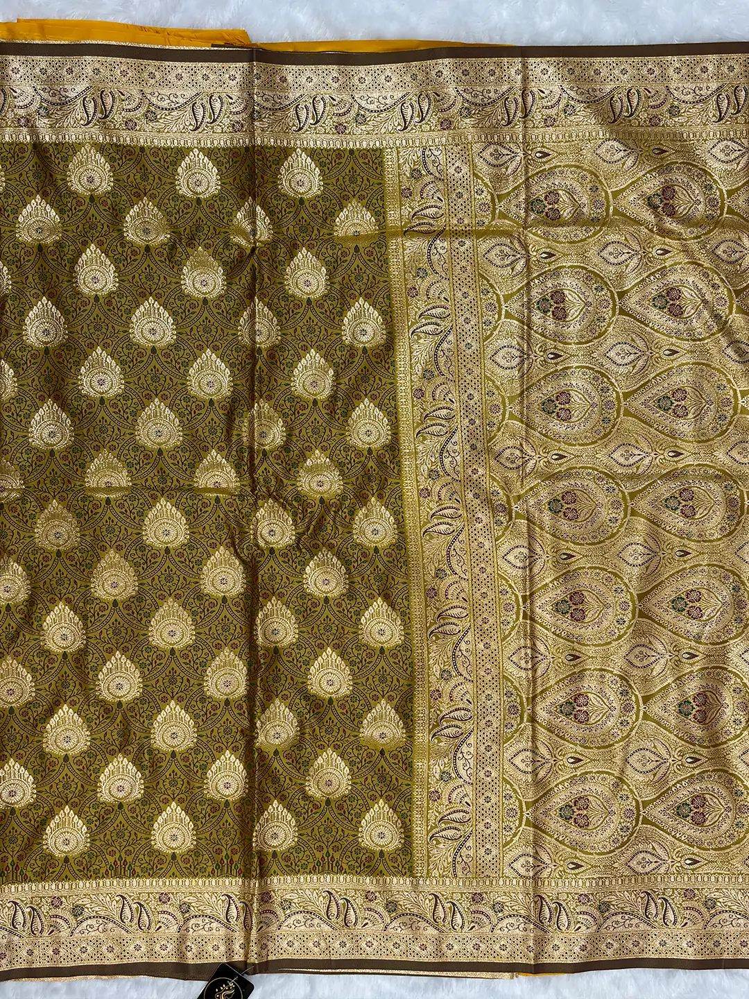 Elegant Satin Silk Saree - Olive Green with Antique Gold Zari | Saarviya - Image 4
