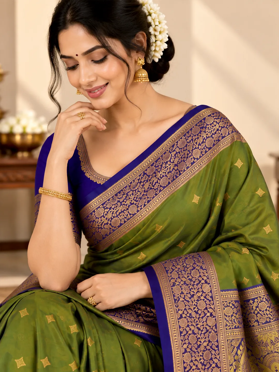 Shruti Salem Silk Saree - Olive Green with Royal Blue Zari Border - Image 3