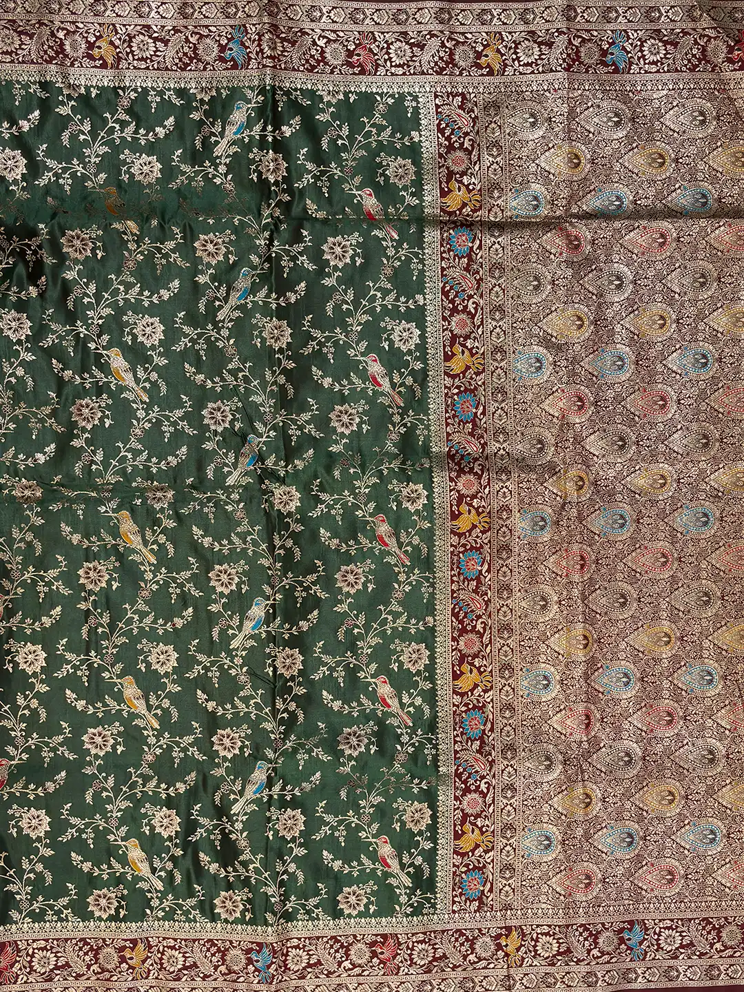 Kian Satin Silk Saree - Deep Green with Maroon Zari Border | Saarviya - Image 4