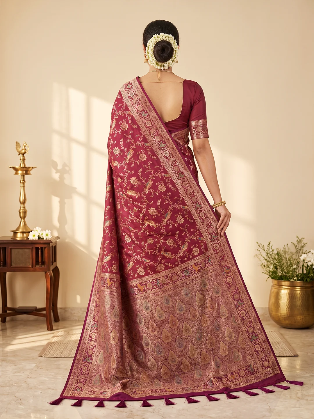 SAARVIYA Wine Maroon Satin Silk Saree | Elegant Meenakari Shikargah Bird Jaal & Zari Pallu - Image 2