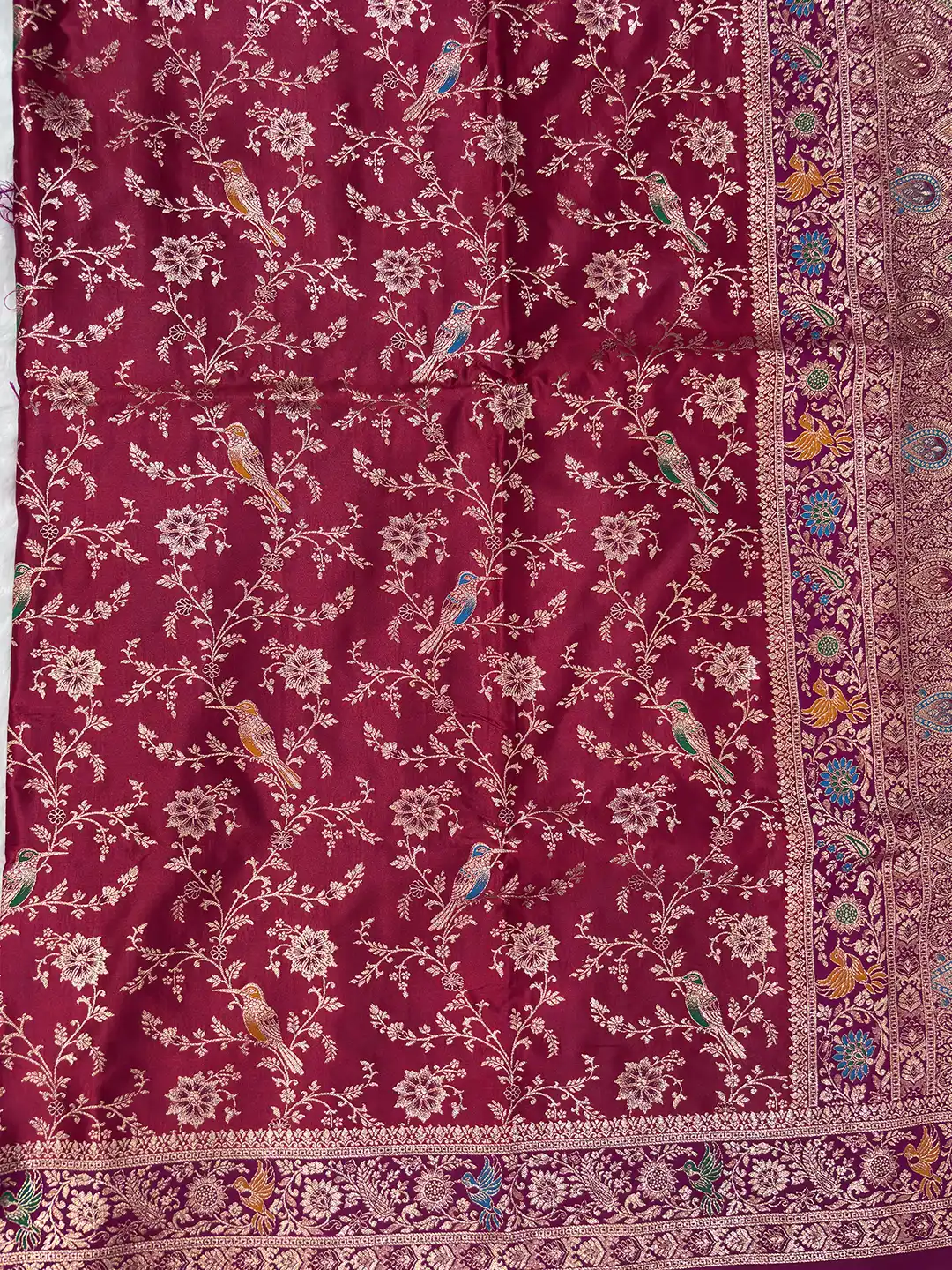 SAARVIYA Wine Maroon Satin Silk Saree | Elegant Meenakari Shikargah Bird Jaal & Zari Pallu - Image 4