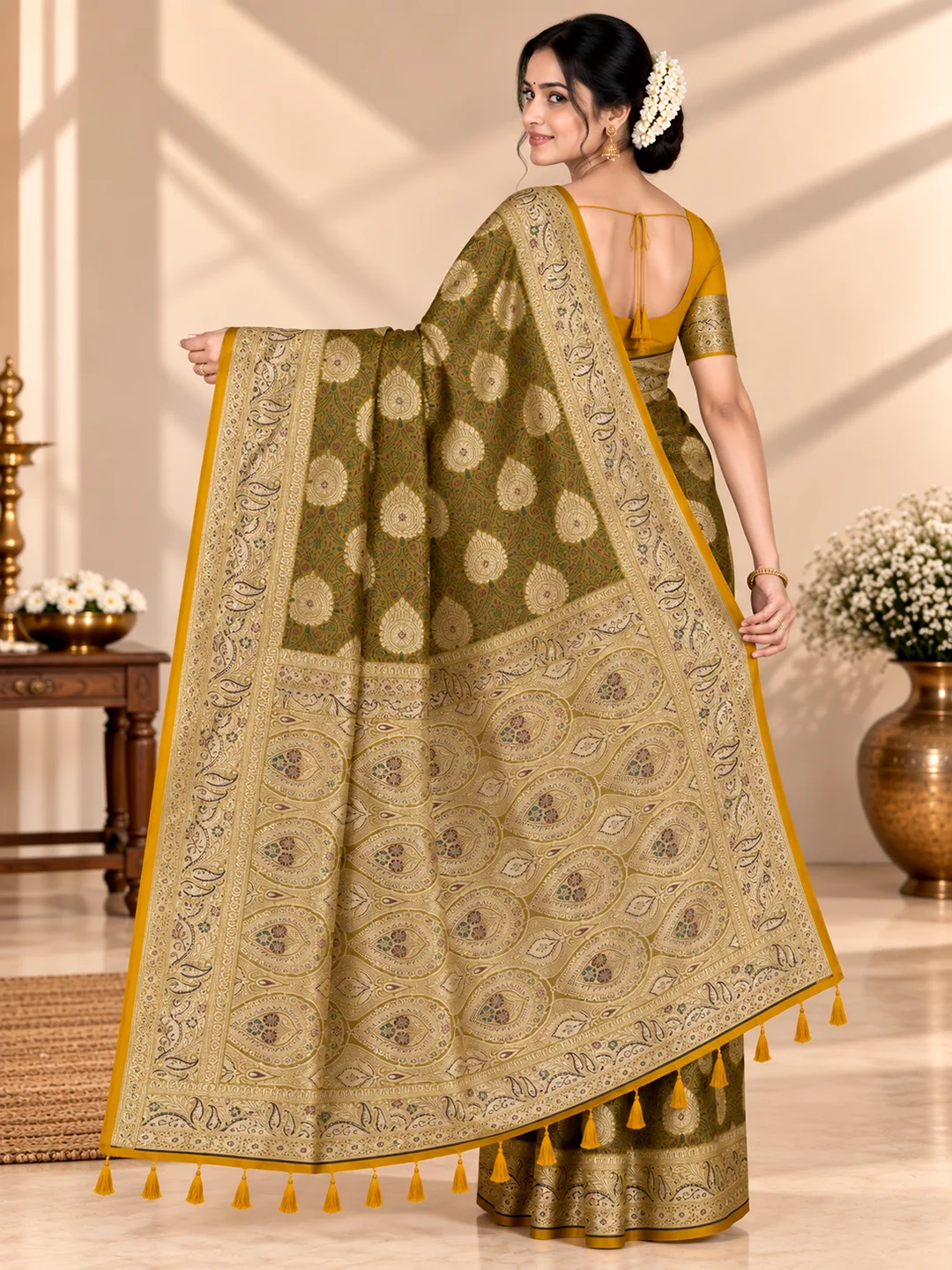 Elegant Satin Silk Saree - Olive Green with Antique Gold Zari | Saarviya - Image 3