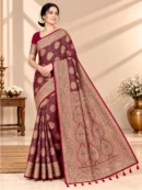 Elegant Wine Maroon Satin Silk Saree with Antique Gold Zari | Saarviya