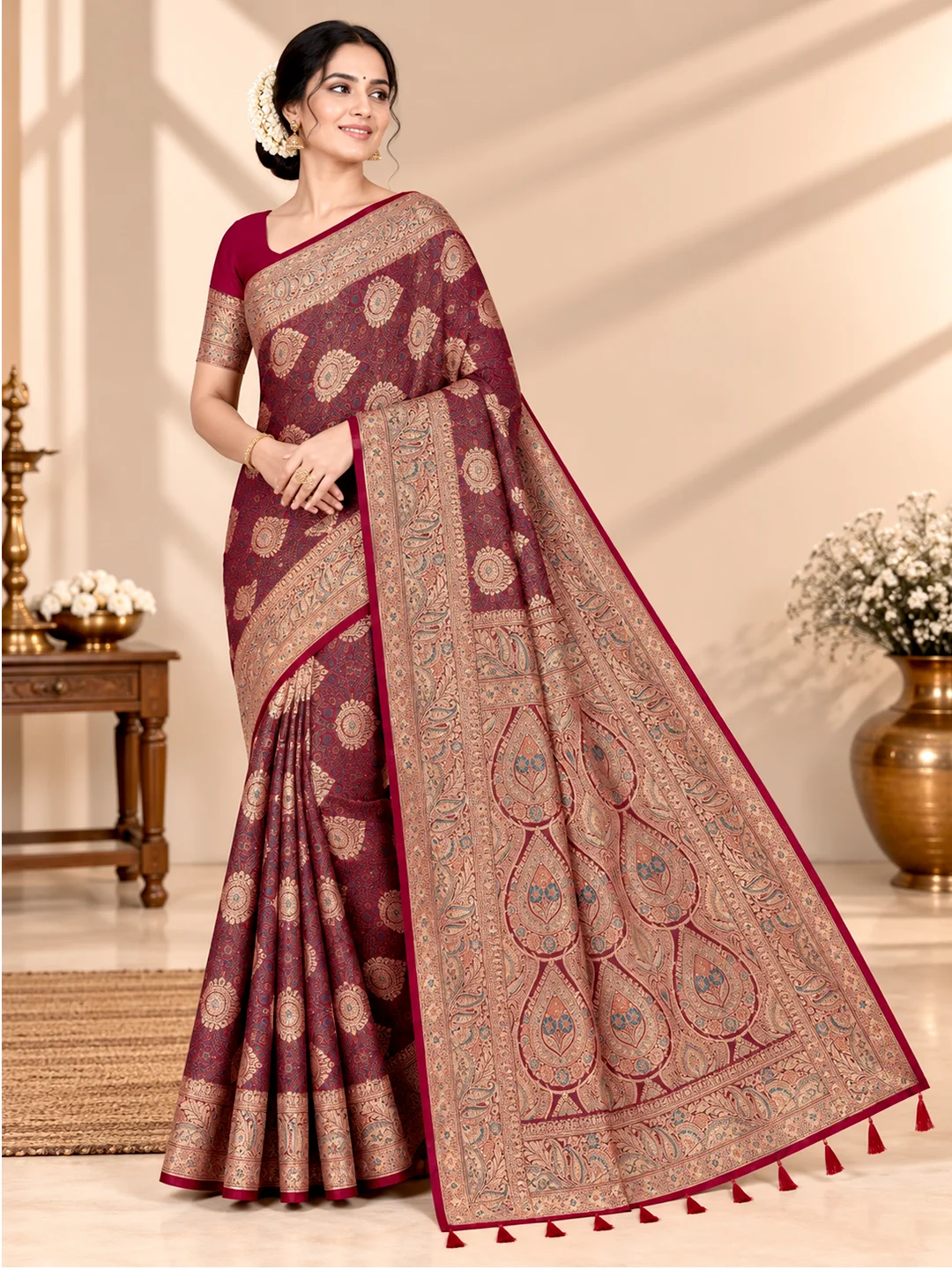 Elegant Wine Maroon Satin Silk Saree with Antique Gold Zari | Saarviya