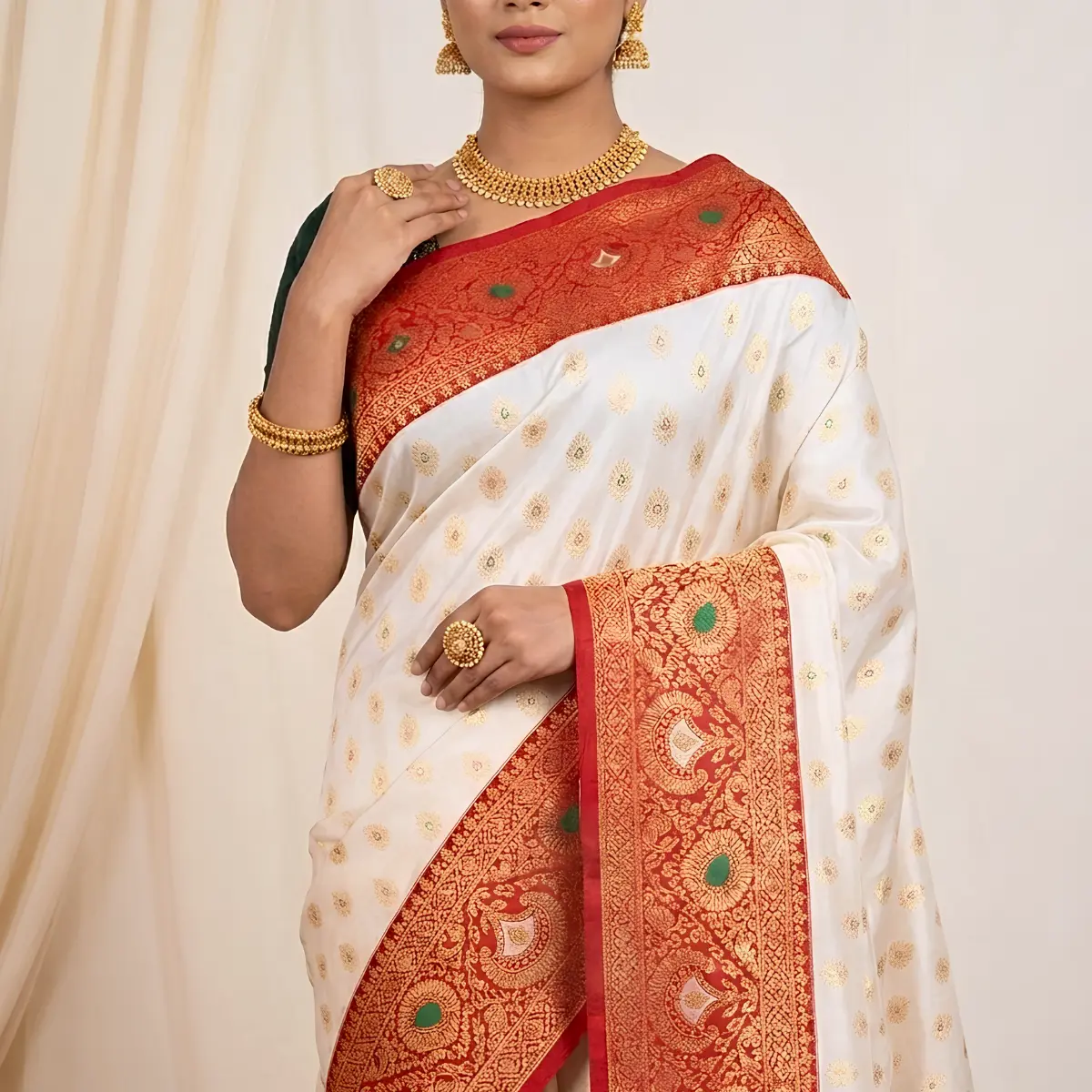 White Red Zari Sarees | Festive & Puja Special White Red Saree for Women - Image 2