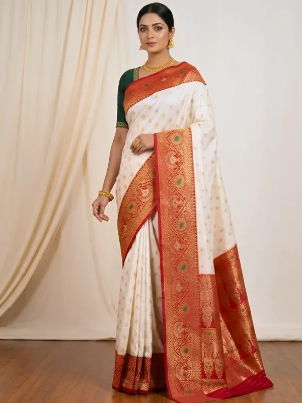 White Red Zari Sarees | Festive & Puja Special White Red Saree for Women