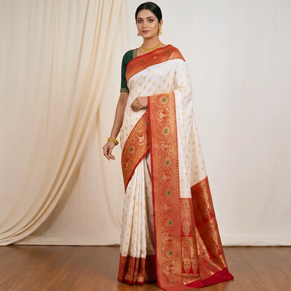 White Red Zari Sarees | Festive & Puja Special White Red Saree for Women