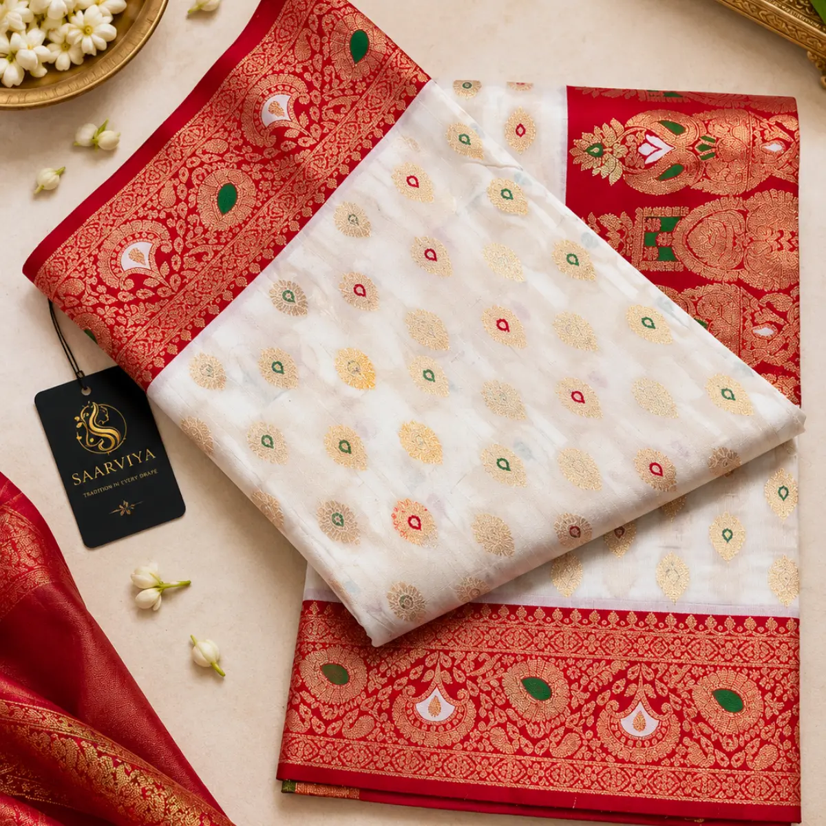 White Red Zari Sarees | Festive & Puja Special White Red Saree for Women - Image 4