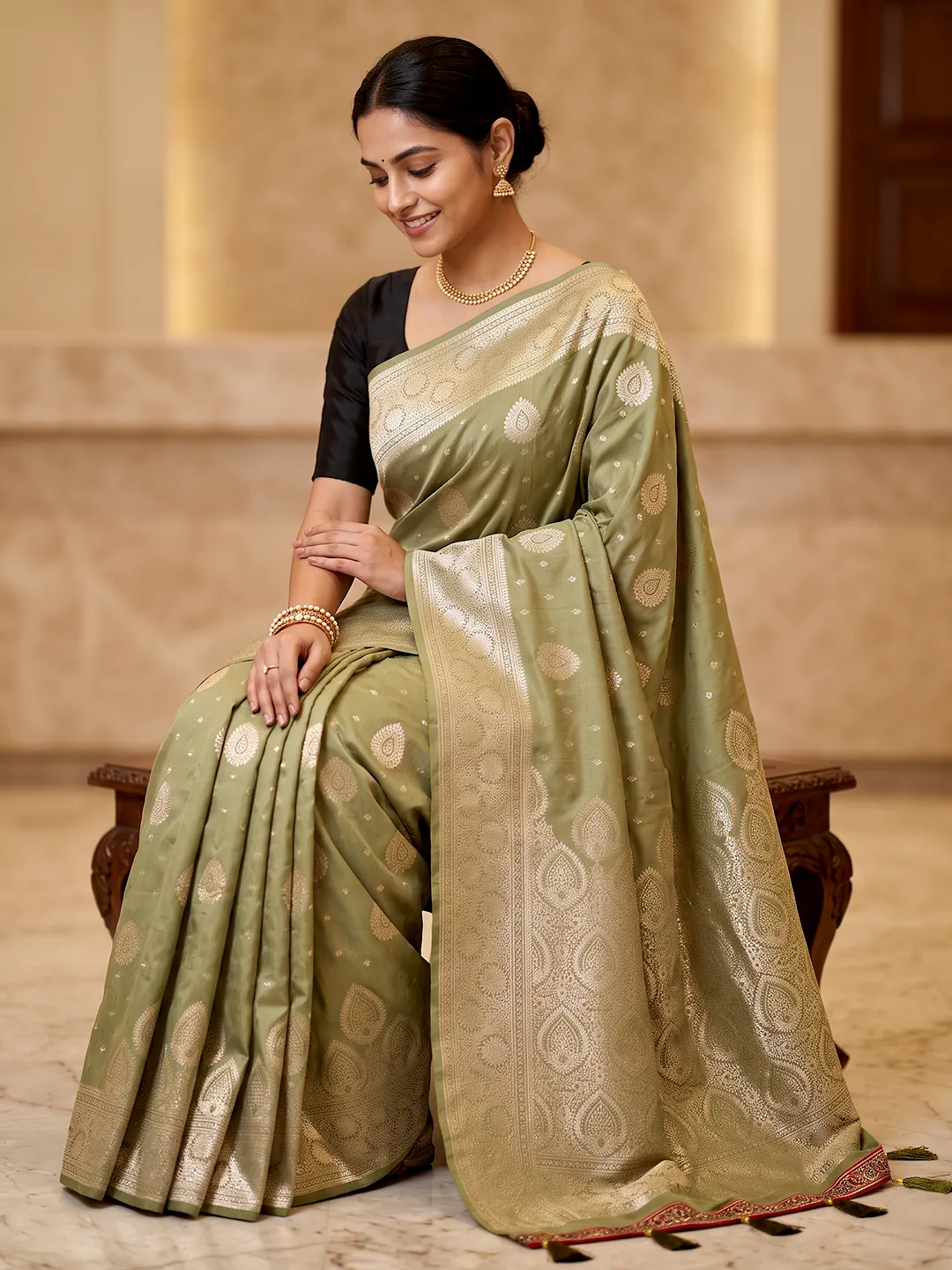 Bamboo Silk Saree for Women - Elegant Olive Green Zari Woven Saree - Image 3
