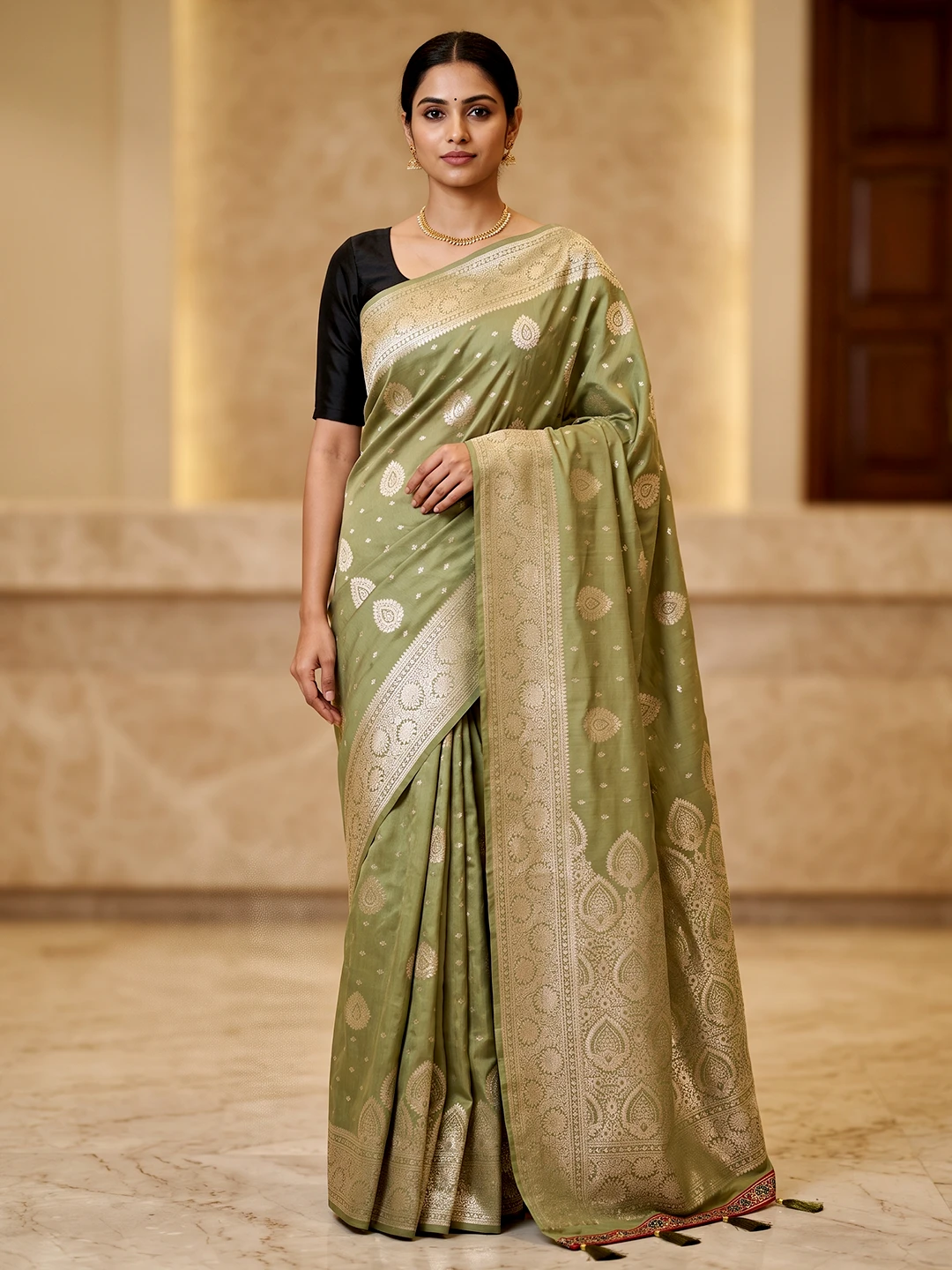 Bamboo Silk Saree for Women - Elegant Olive Green Zari Woven Saree