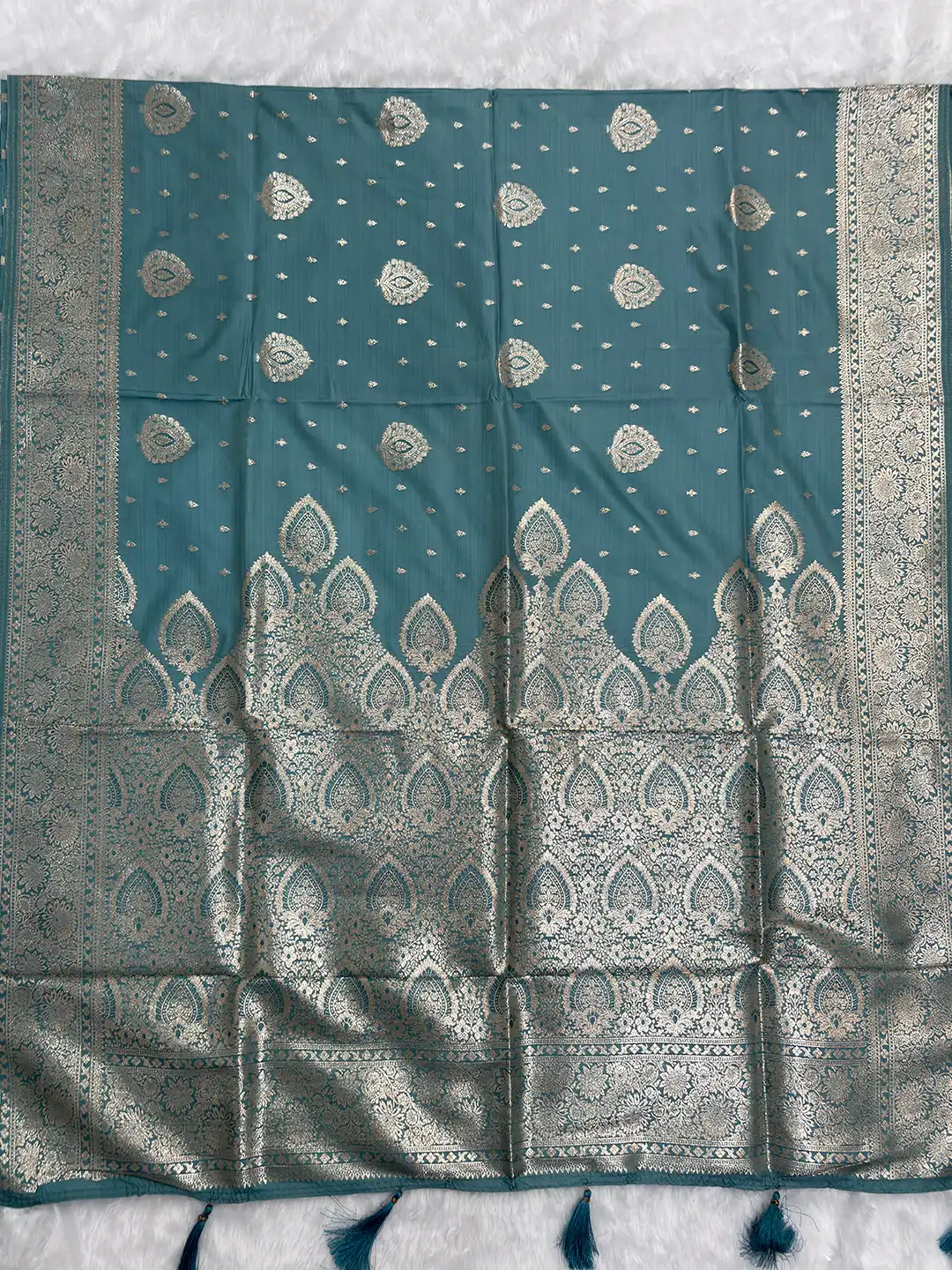 Teal Blue Bamboo Silk Saree for Women - Beautiful Stunning Styles - Image 4