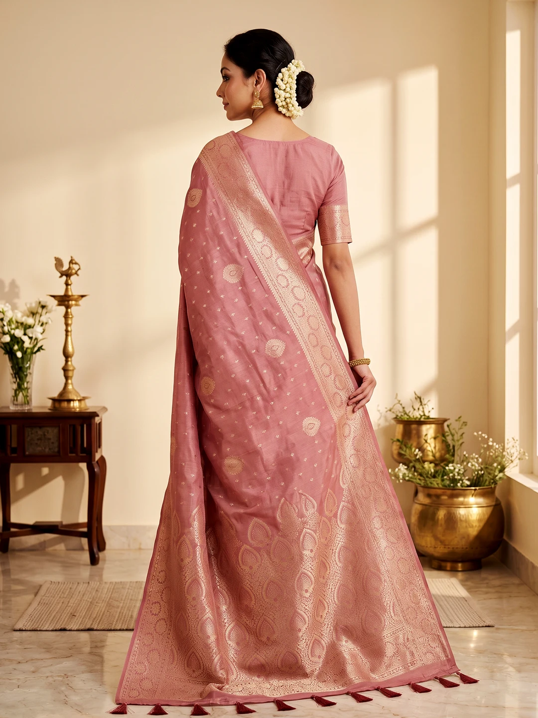 Dusty Rose Bamboo Silk Saree for Women - Trending Gorgeous Festive Sarees - Image 2