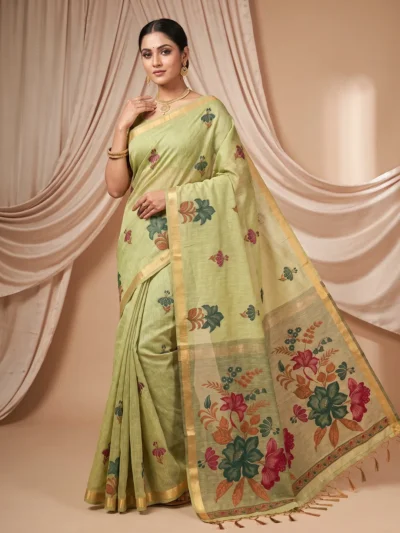 Green Handloom Saree for Women | Beautiful Floral Traditional Style Sarees