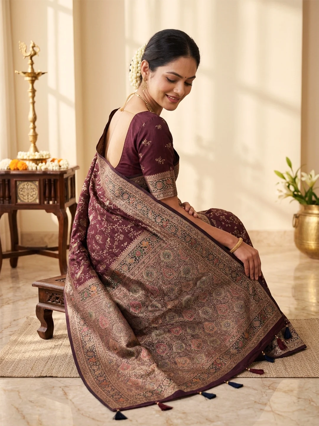 SAARVIYA Maroon Floral Printed Saree for Women with Bird Motif and Designer Pallu - Image 3