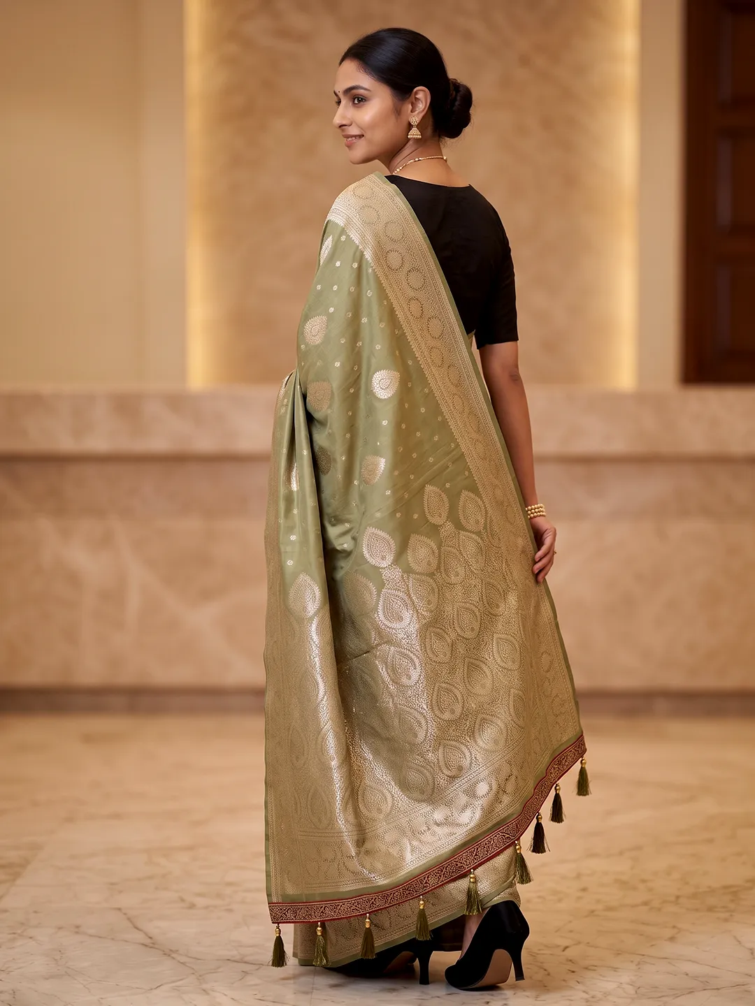 Bamboo Silk Saree for Women - Elegant Olive Green Zari Woven Saree - Image 2