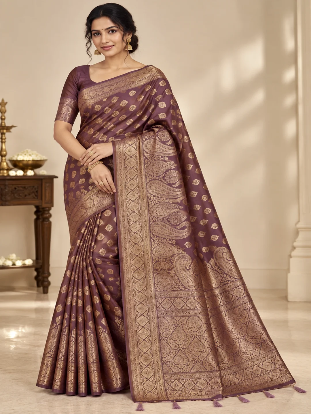 Traditional Bamboo Silk Saree - Mauve Purple with Antique Gold Zari