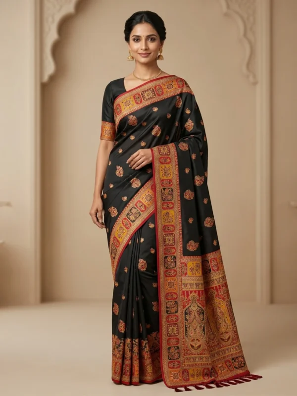 Position Black Silk Saree - Black with Red & Gold Border | Saarviya