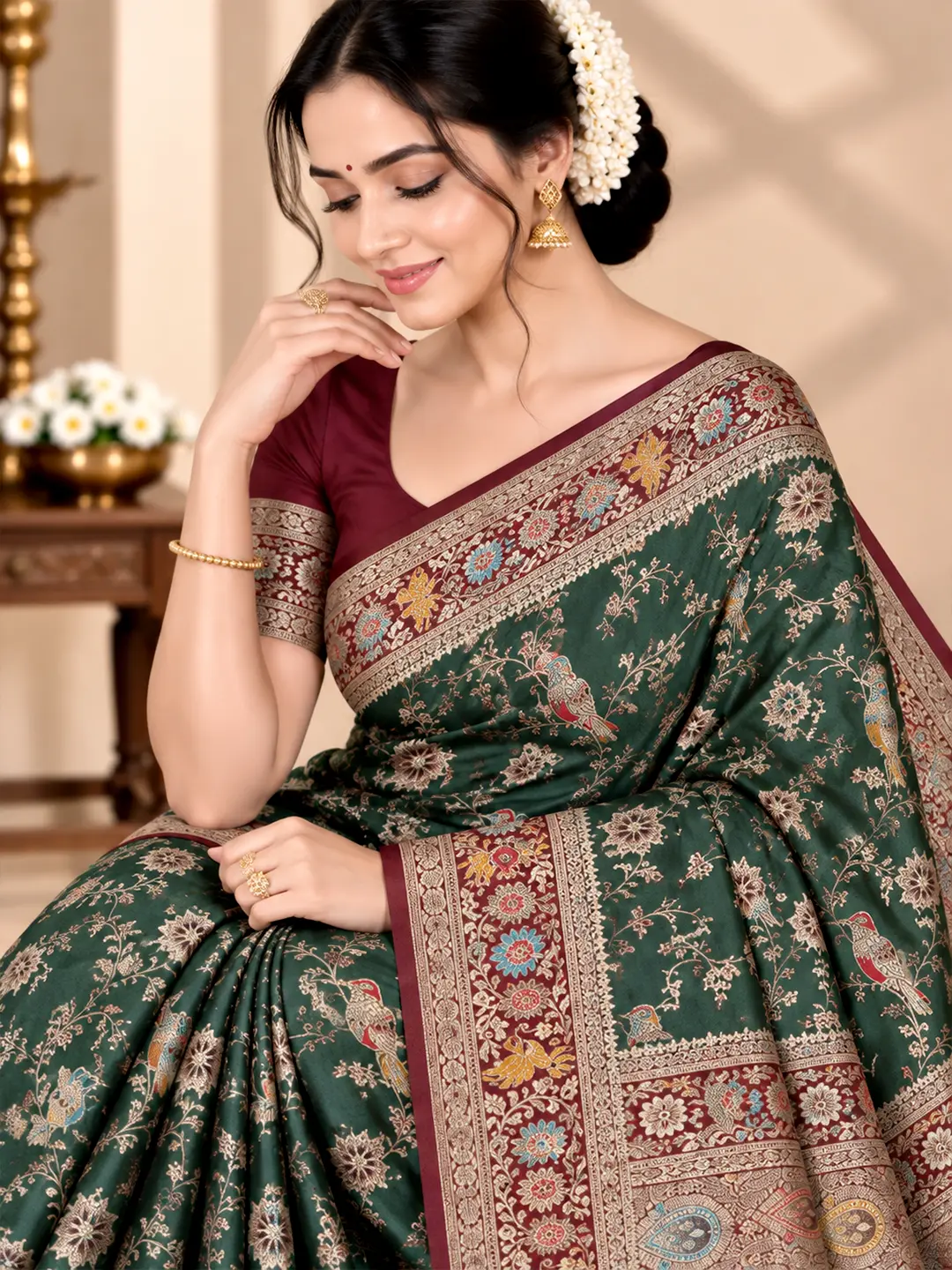 Kian Satin Silk Saree - Deep Green with Maroon Zari Border | Saarviya - Image 2