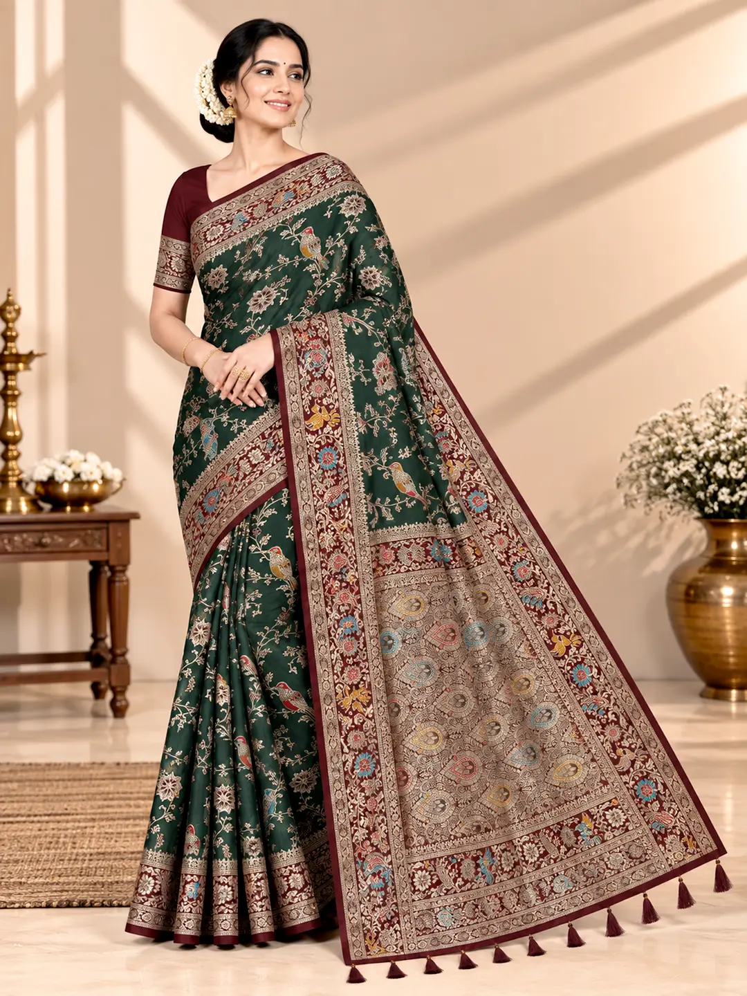 Kian Satin Silk Saree - Deep Green with Maroon Zari Border | Saarviya