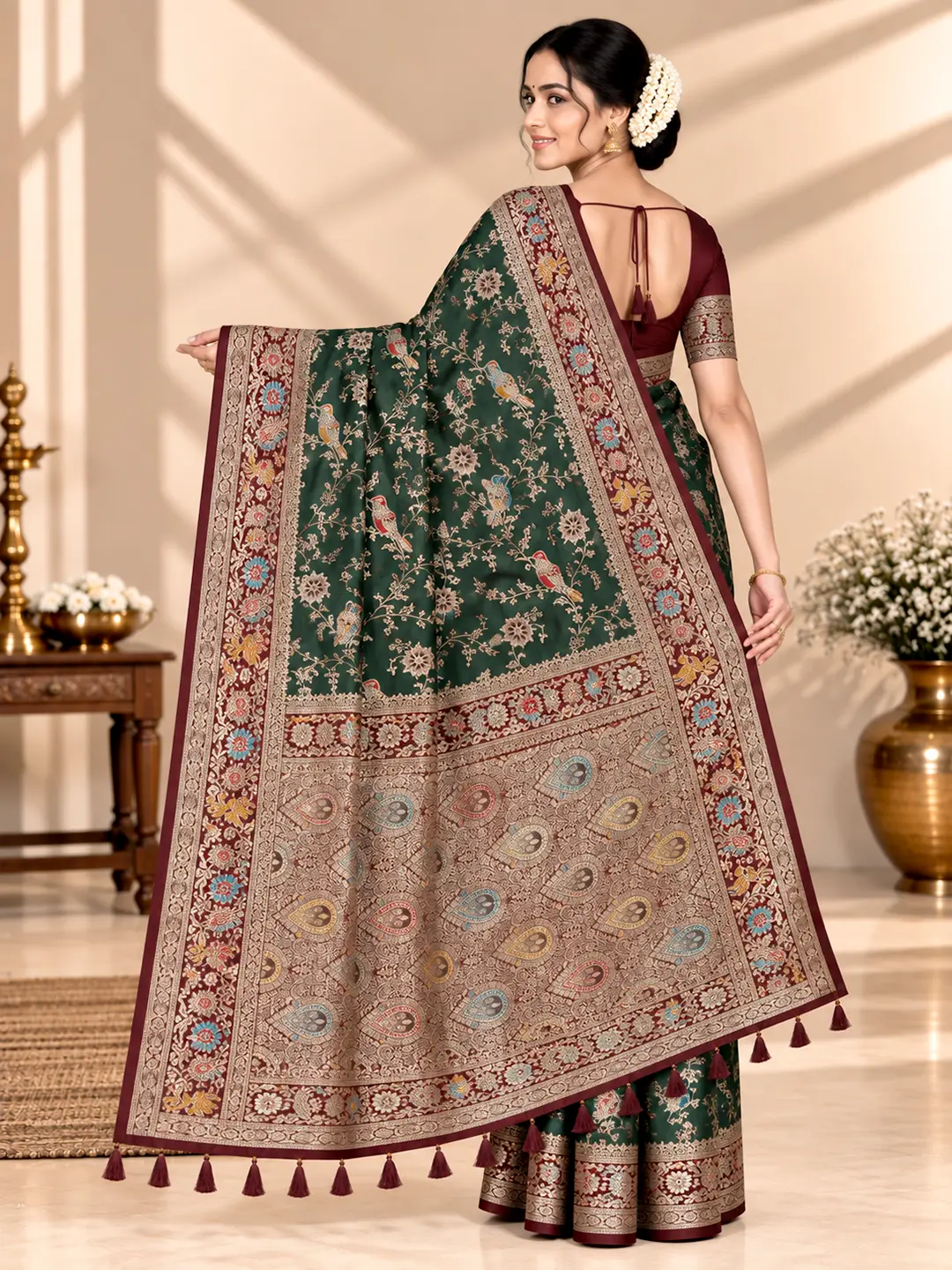 Kian Satin Silk Saree - Deep Green with Maroon Zari Border | Saarviya - Image 3