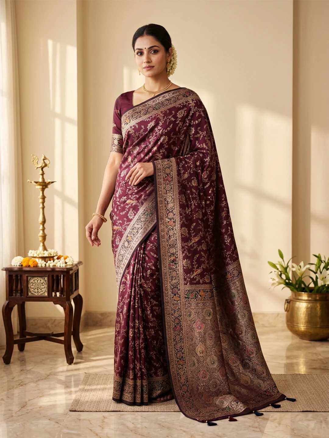 SAARVIYA Maroon Floral Printed Saree for Women with Bird Motif and Designer Pallu