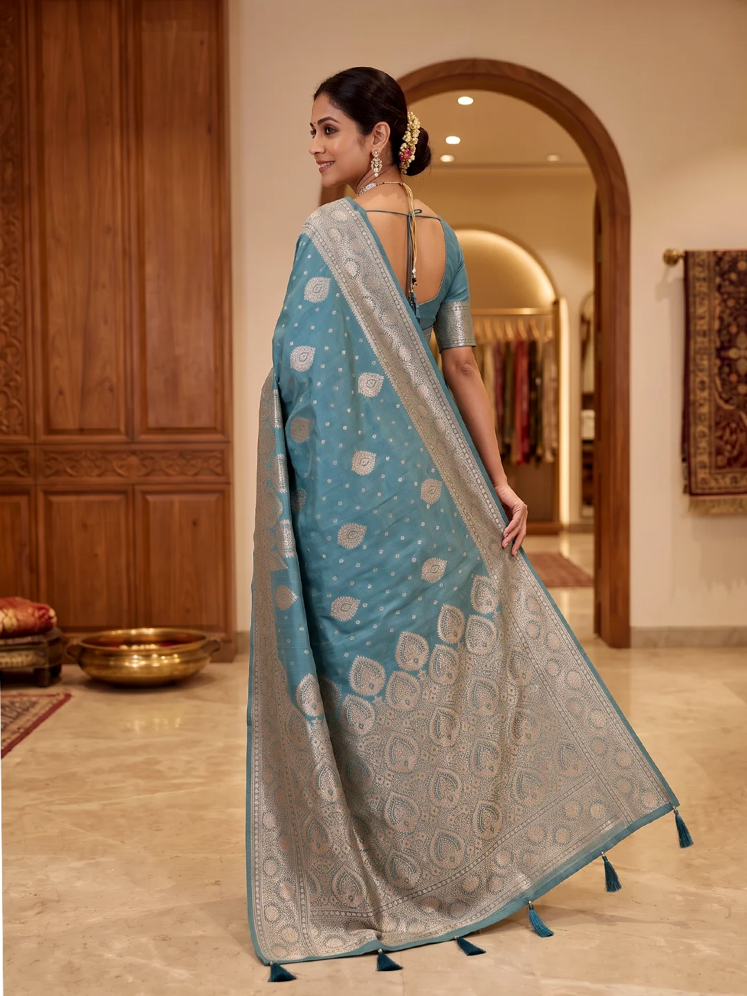 Teal Blue Bamboo Silk Saree for Women - Beautiful Stunning Styles - Image 2