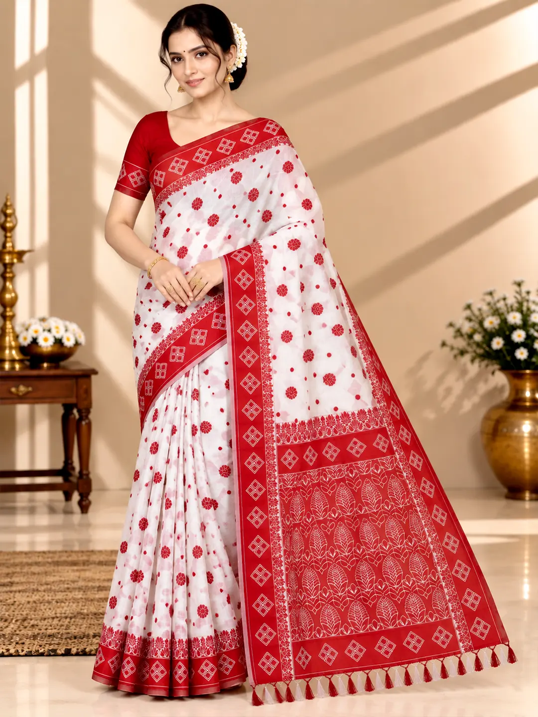 Elegant White Red Saree for Puja & Festive - Traditional Red Zari Border
