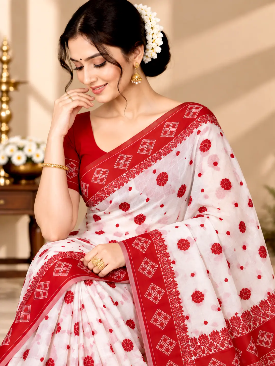 Elegant White Red Saree for Puja & Festive - Traditional Red Zari Border - Image 3