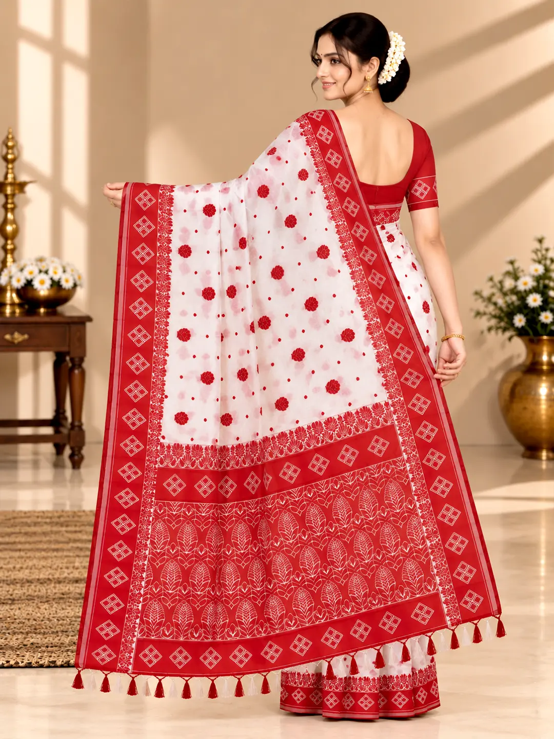 Elegant White Red Saree for Puja & Festive - Traditional Red Zari Border - Image 2