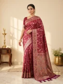 SAARVIYA Wine Maroon Satin Silk Saree | Elegant Meenakari Shikargah Bird Jaal & Zari Pallu