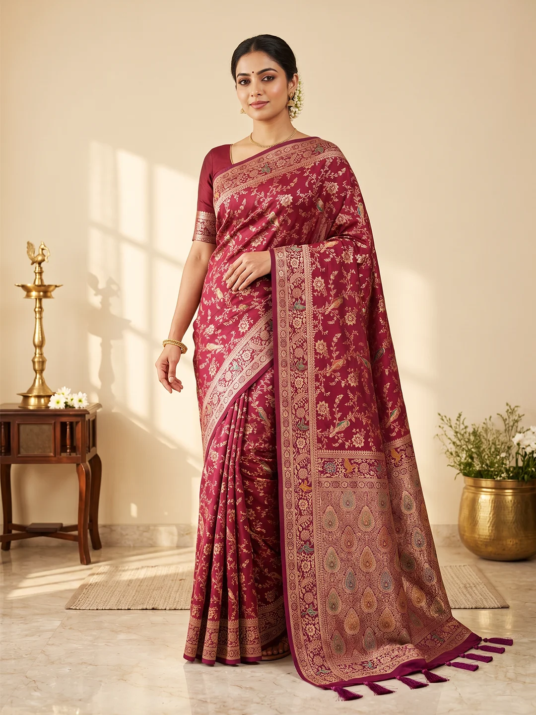 SAARVIYA Wine Maroon Satin Silk Saree | Elegant Meenakari Shikargah Bird Jaal & Zari Pallu