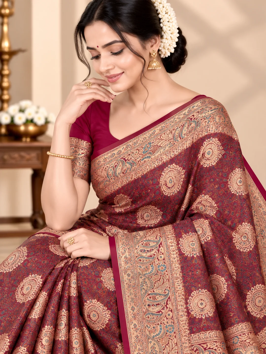 Elegant Wine Maroon Satin Silk Saree with Antique Gold Zari | Saarviya - Image 2