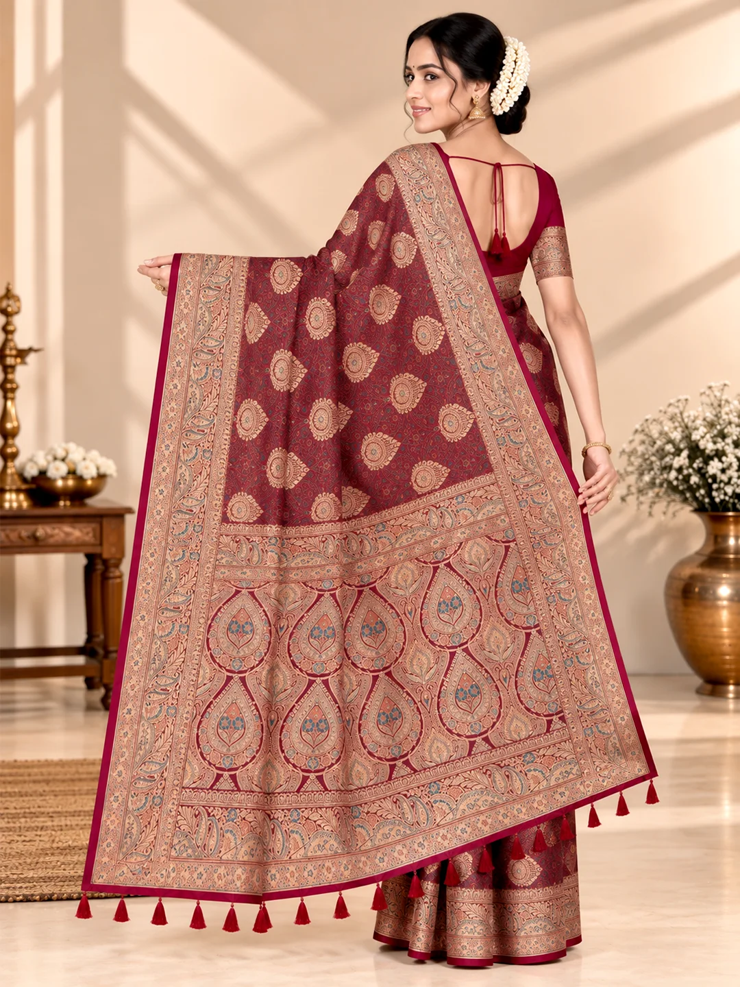 Elegant Wine Maroon Satin Silk Saree with Antique Gold Zari | Saarviya - Image 3