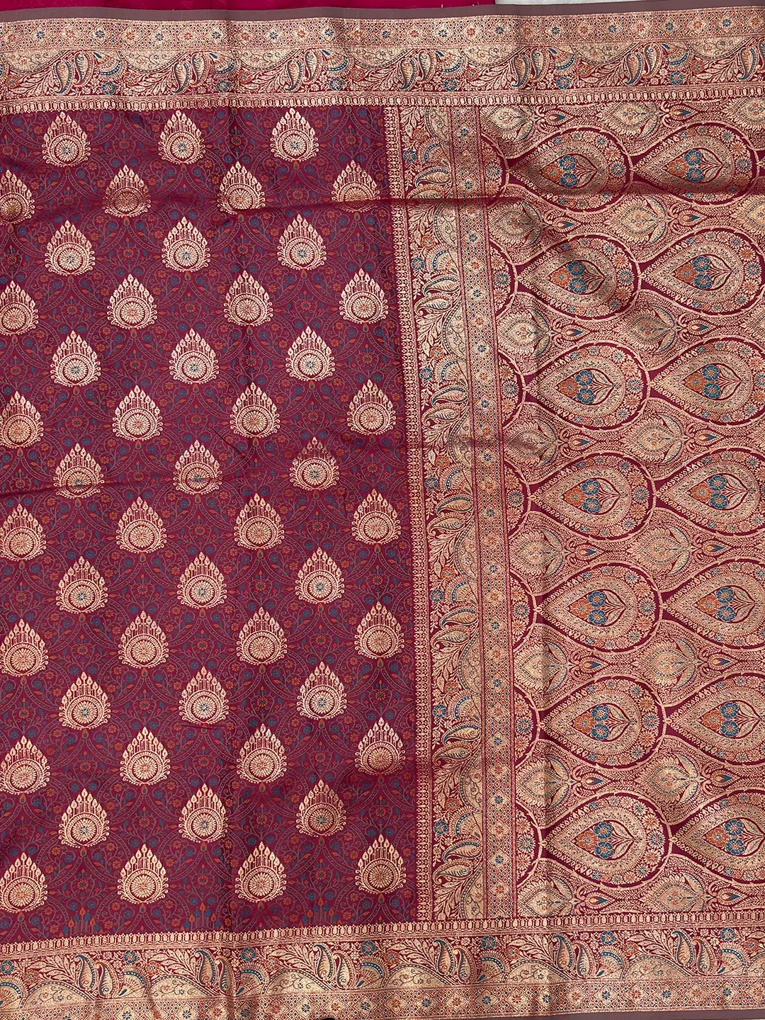 Elegant Wine Maroon Satin Silk Saree with Antique Gold Zari | Saarviya - Image 4