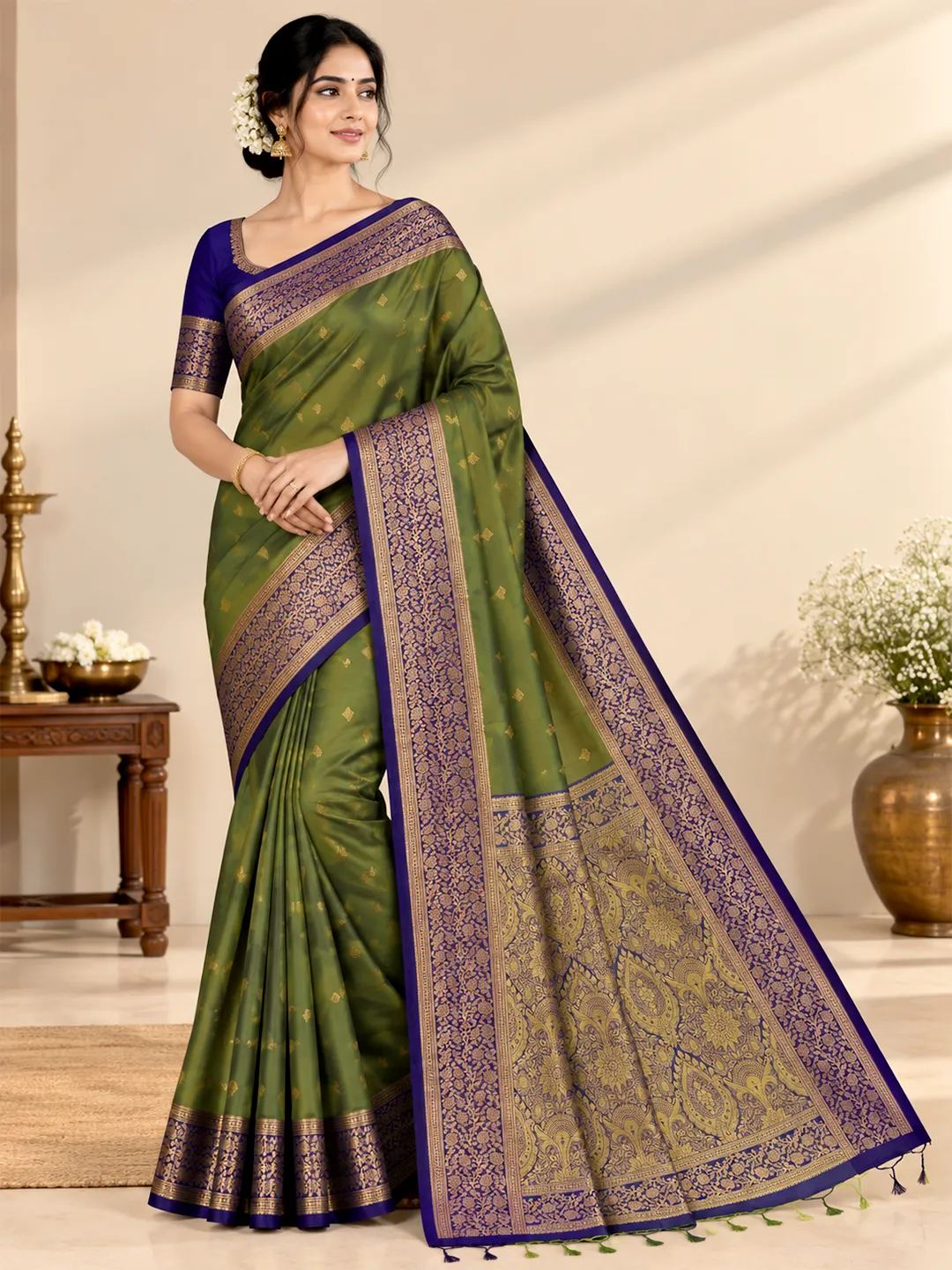 Shruti Salem Silk Saree - Olive Green with Royal Blue Zari Border
