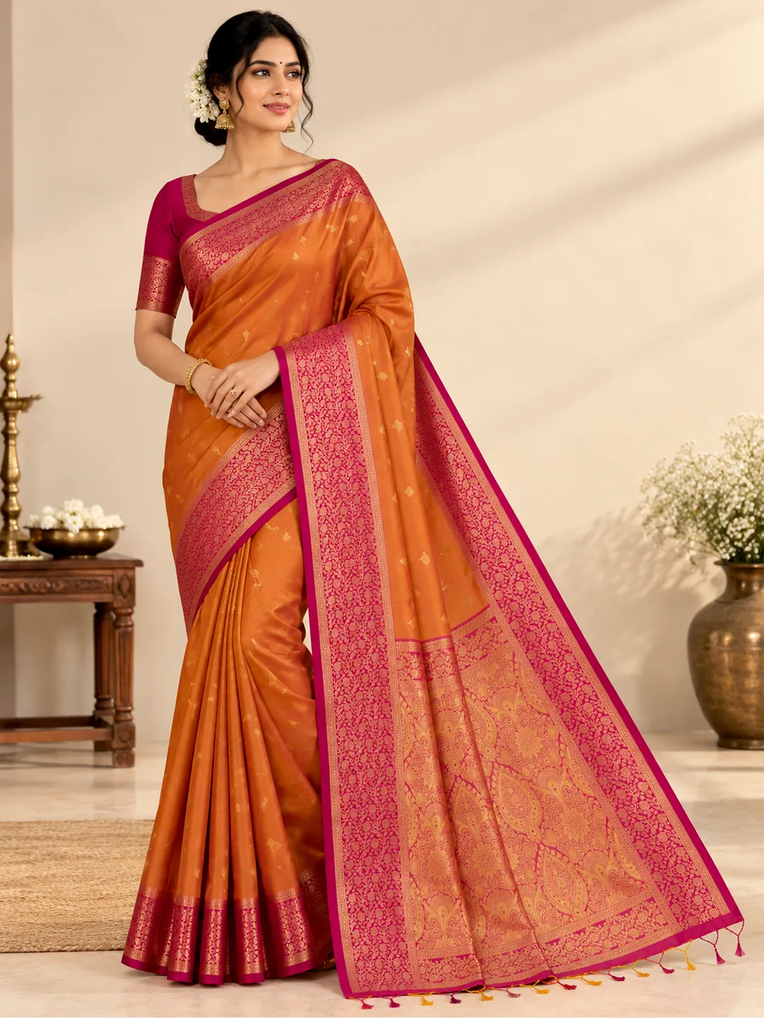 Shruti Salem Silk Saree - Orange with Pink Zari Border