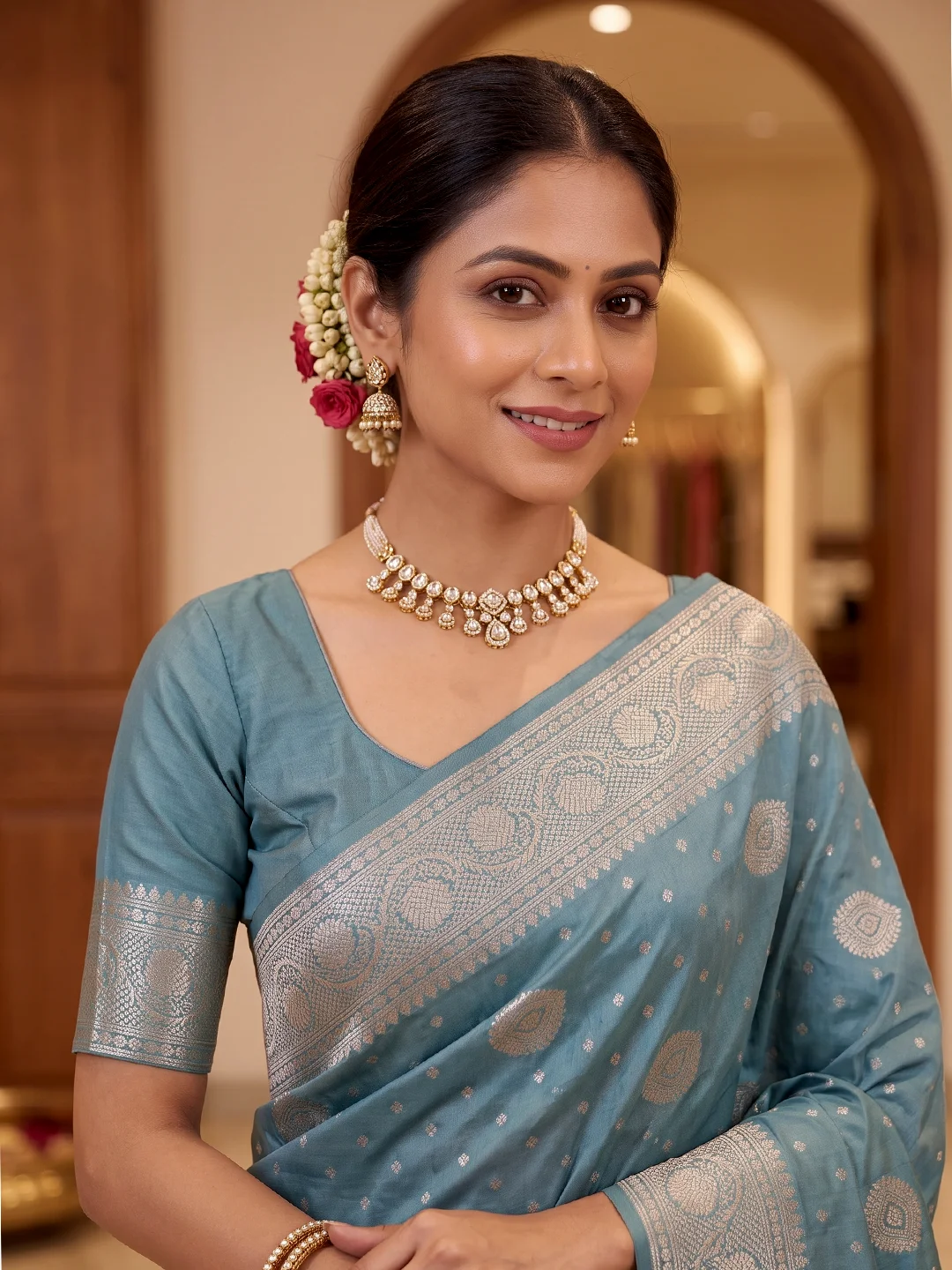 Teal Blue Bamboo Silk Saree for Women - Beautiful Stunning Styles - Image 3