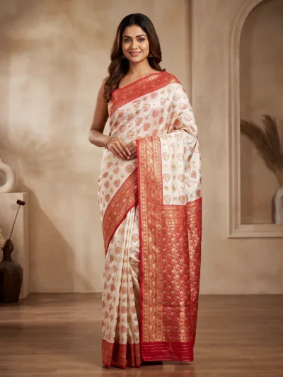 White Red Silk Saree for Women - Elegant Puja Special Traditional Styles