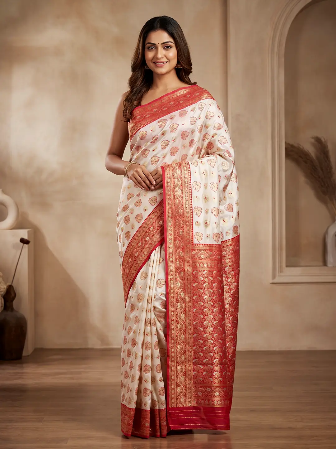 White Red Silk Saree for Women - Elegant Puja Special Traditional Styles